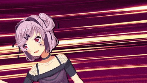 a girl with purple hair and red eyes is wearing a black top