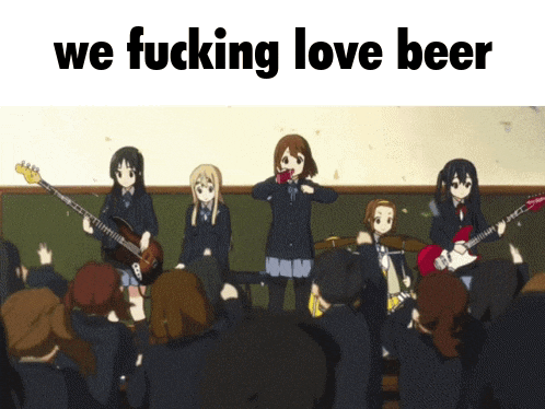 a group of anime girls playing guitars in front of a crowd with the words we fucking love beer below them
