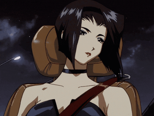 a woman with a choker on her neck sits in a car
