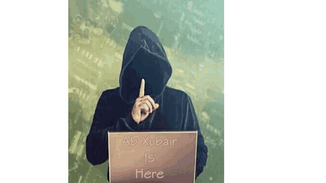 a man in a hooded sweatshirt is holding a sign that says ab xubair is here .