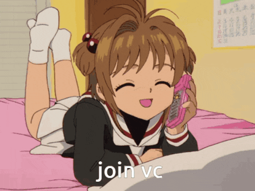 a girl is laying on a bed talking on a cell phone with the words join vc written below her