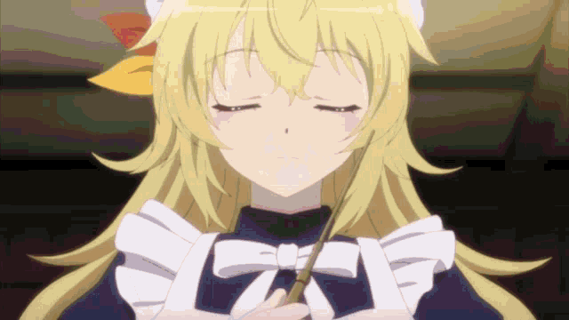 a girl with blonde hair is wearing a white apron