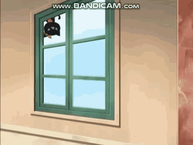 a cartoon character is looking out of a window with the words www.bandicam.com on the bottom