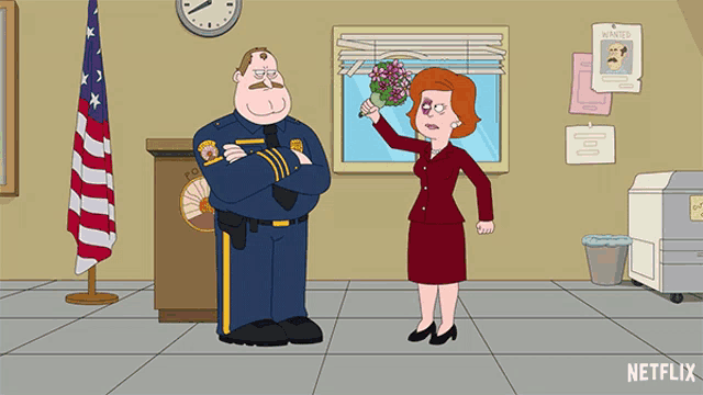 a cartoon of a police officer standing next to a woman holding flowers