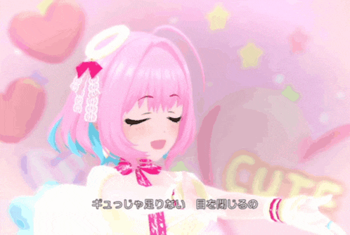 a pink and blue anime girl with the word cute on the bottom right