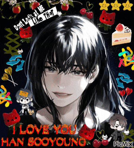 a picture of a girl with the words " i love you han sooyoung " on it