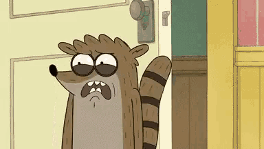 a cartoon raccoon is standing in front of a door with his mouth open