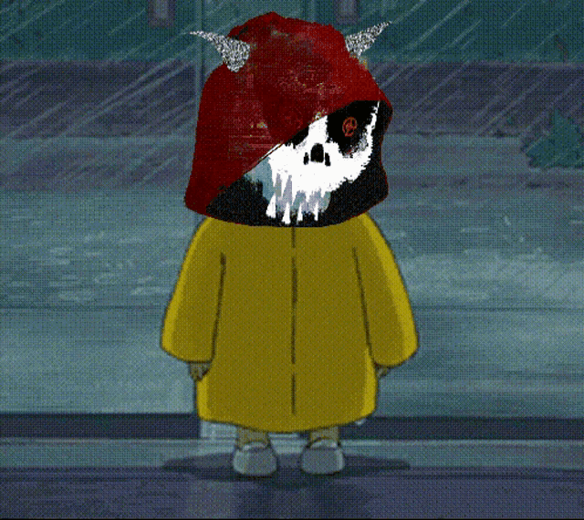 a cartoon character wearing a yellow raincoat and a red hat