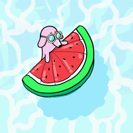 a dog wearing goggles is floating on a watermelon float