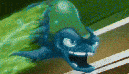 a cartoon drawing of a blue monster with horns and a green background