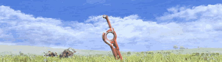 a pixel art of a sword in the middle of a field at sunset