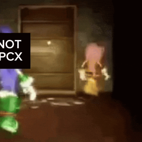 a cartoon character is standing in front of a door with a sign that says " not pcx "