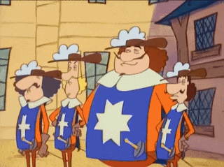 a group of cartoon characters are standing in front of a building and one has a blue vest with a star on it
