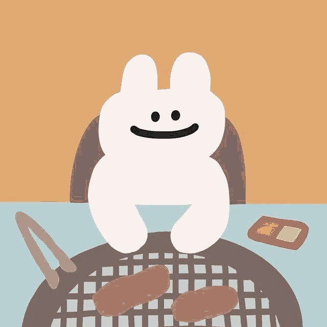 a cartoon bunny is sitting on a grill with two hot dogs