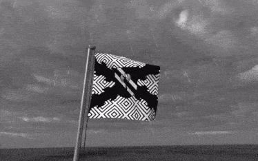 a black and white flag is waving in the wind in the rain
