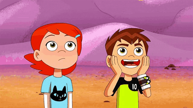 a boy with the number 10 on his shirt stands next to a girl with red hair