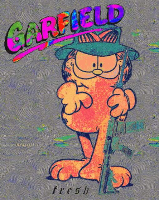 garfield is holding a gun and wearing a hat with the word garfield above him