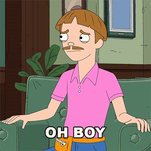 a man in a pink shirt is sitting on a green couch with the words oh boy written on the bottom