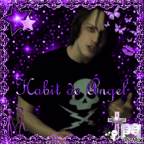 a picture of a man in a black shirt with the words habit de angel