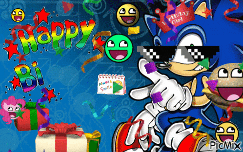 a cartoon of sonic wearing sunglasses and a birthday hat