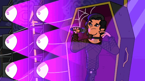 a cartoon of a man in a coffin with a microphone