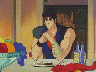 a man sits at a table with a plate of food and a bottle of alcohol that says ' samurai ' on it