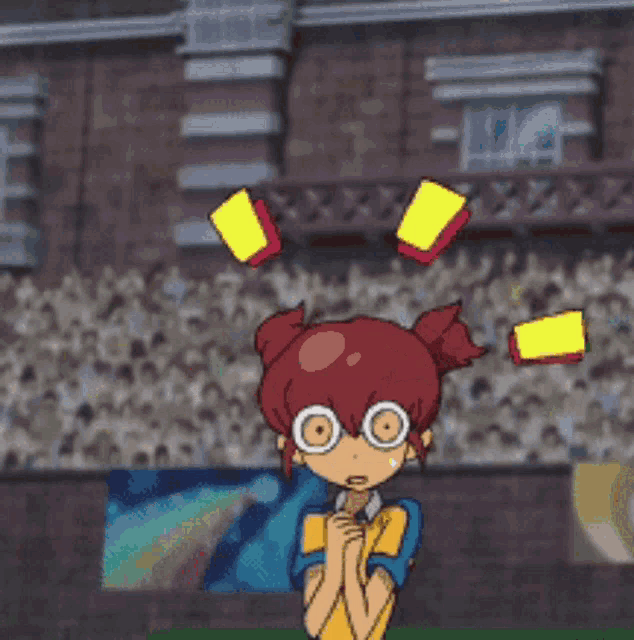 a girl with red hair and glasses wearing a yellow shirt with the letter o on the front