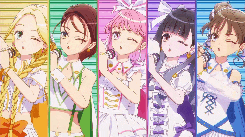 a group of anime girls are standing next to each other with their arms crossed