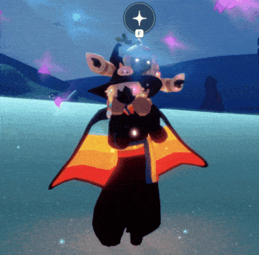 a cartoon character wearing a witch hat and a cape with the letter f in the corner