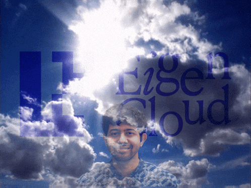 a man is standing in front of a cloudy sky with the words eigen cloud written on it