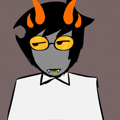 a cartoon character with horns and glasses has a yellow nose