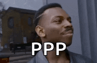 a man with a mustache is smiling and looking at the camera with the word ppp on his face .
