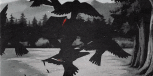 a black and white photo of a flock of birds flying over a lake .
