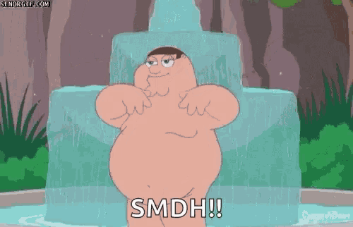a cartoon character is standing in front of a waterfall and says smdh .