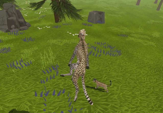 a cheetah standing next to a smaller cheetah in a grassy field