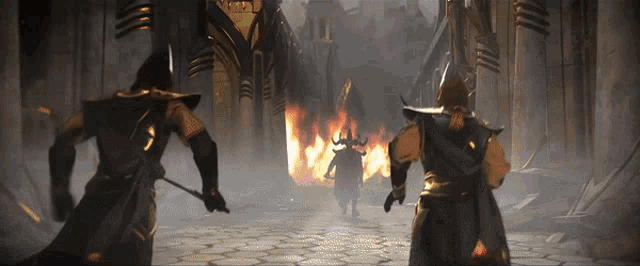 a group of warriors are standing in front of a building on fire