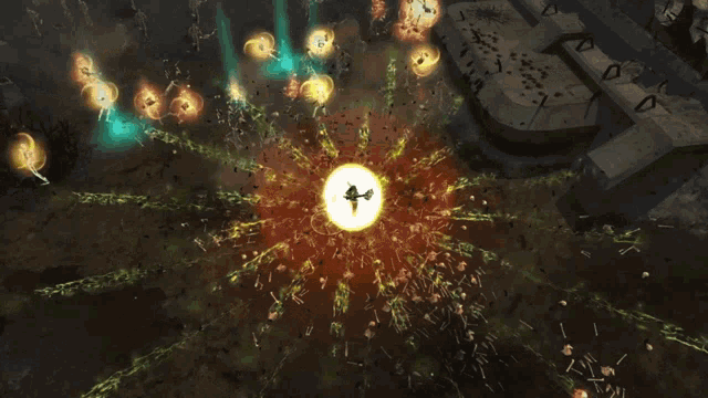 an aerial view of a video game with a yellow circle in the middle of it