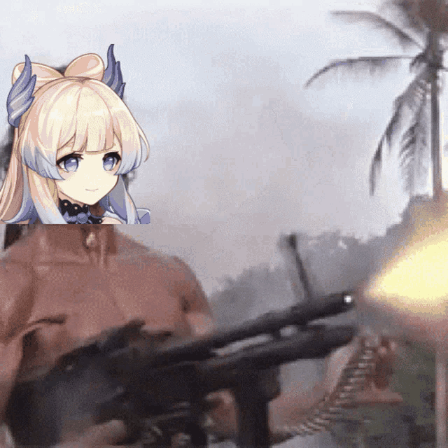 a girl with wings is holding a gun in front of palm trees