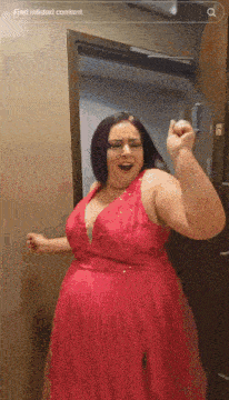a woman in a red dress is standing in front of a door with a search bar above her that says find related content
