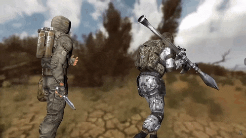 two soldiers in a video game with one holding a rocket