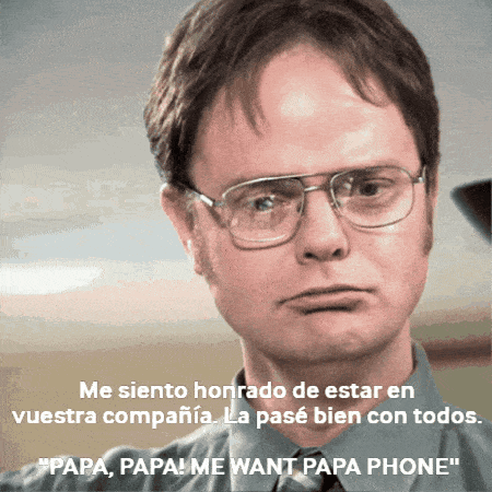 a man wearing glasses says " papa papa me want papa phone " in spanish