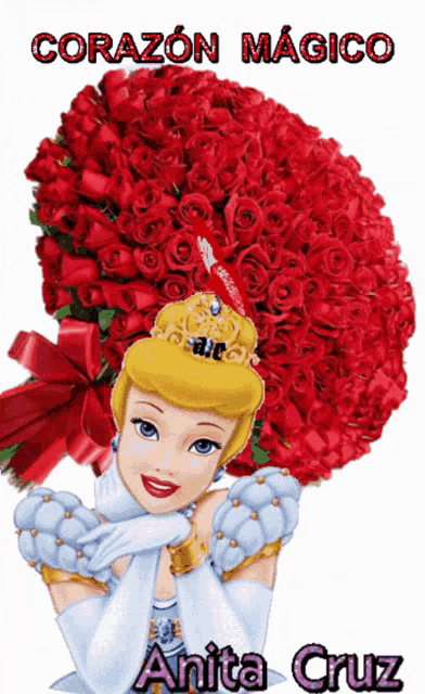 a cartoon of cinderella holding a large bouquet of red roses with the words corazon magico above her