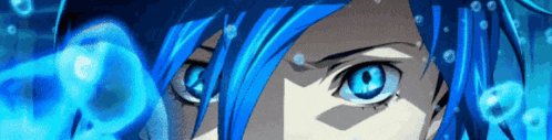 a close up of a blue haired anime character 's eyes