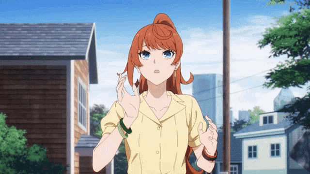 a girl with red hair and blue eyes is standing in front of a building