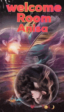 a poster that says welcome room anisa with a woman in a bubble