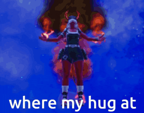 a video game character is flying through the air with the words where my hug at at the bottom