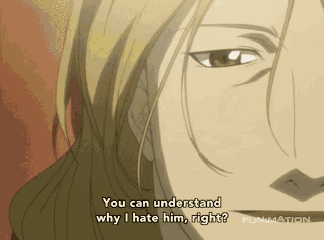 a close up of a man 's face with the words " you can understand why i hate him right " on the bottom