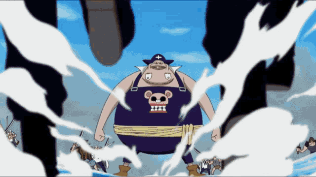 a cartoon character with a skull on his shirt