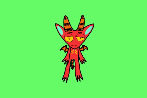 a cartoon drawing of a red monster with big yellow eyes and the word kha written in white