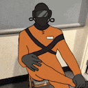 a cartoon of a man wearing a gas mask and gloves sitting on a chair